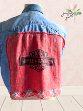 Load image into Gallery viewer, Harley Davidson Shop Towel Upcycle Denim Vest Vintage - size small
