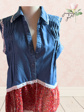 Load image into Gallery viewer, Denim Duster Flowy Flag Ribbons &amp; Lace Patriotic 4th of July - Size Medium
