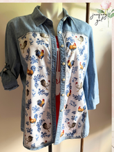 Load image into Gallery viewer, Vintage Roosters Chambray Upcycle Shirt - Size XL
