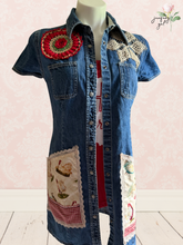 Load image into Gallery viewer, Farm Girl Vintage Cowboy Gap Dress Roosters &amp; Crochet Roses Upcycle - Size Small
