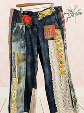 Load image into Gallery viewer, upcycled bright patchwork dark wash bleached jeans
