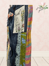 Load image into Gallery viewer, upcycled bright patchwork dark wash bleached jeans

