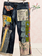 Load image into Gallery viewer, upcycled bright patchwork dark wash bleached jeans
