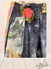 Load image into Gallery viewer, upcycled bright patchwork dark wash bleached jeans
