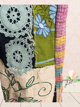 Load image into Gallery viewer, upcycled bright patchwork dark wash bleached jeans
