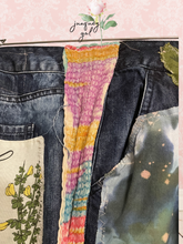Load image into Gallery viewer, upcycled bright patchwork dark wash bleached jeans
