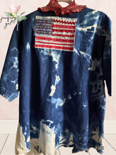 Load image into Gallery viewer, Bleached Denim Vintage Ribbon &amp; Ruffles Flag Upcycled Shirt 4th of July - Fits to Plus
