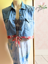 Load image into Gallery viewer, Harley Davidson Shop Towel Upcycle Denim Vest Vintage - size small
