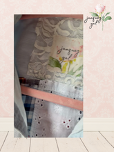 Load image into Gallery viewer, Light Denim Duster Vintage Tablecloth Poppy Ribbons &amp; Lace Bouquet - Size Large
