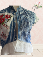 Load image into Gallery viewer, Vintage Tablecloth Poppy Bouquet &amp; Ribbon Oversized Bleached Denim Vest Upcycled 4th of July - Fits to Plus
