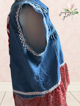 Load image into Gallery viewer, Denim Duster Flowy Flag Ribbons &amp; Lace Patriotic 4th of July - Size Medium
