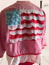 Load image into Gallery viewer, Red &amp; White Pinstripe Oxford Cloth Men's Upcycle American Flag Shirt 4th of July - Fits to plus
