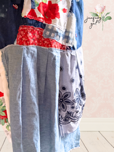 Load image into Gallery viewer, Denim Skirt Boho Chic Gypsy Vintage Tablecloth July 4th Upcycle
