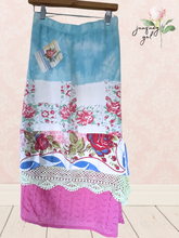 Load image into Gallery viewer, upcycled hand dyed linen skirt with bright vintage textiles asymmetric hemline fits to 1X
