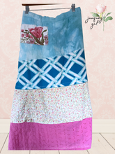 Load image into Gallery viewer, upcycled hand dyed linen skirt with bright vintage textiles asymmetric hemline fits to 1X
