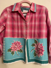 Load image into Gallery viewer, Bright Pink Cotton Plaid Metallic Thead Upcycled Aqua MCM Vintage Tablecloth Shirt
