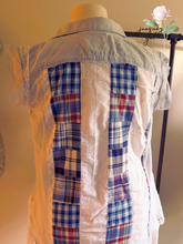 Load image into Gallery viewer, Light Denim Duster Vintage Tablecloth Poppy Ribbons &amp; Lace Bouquet - Size Large
