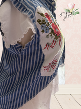 Load image into Gallery viewer, Vintage Tablecloth Poppy Bouquet &amp; Ribbon Oversized Bleached Denim Vest Upcycled 4th of July - Fits to Plus
