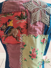 Load image into Gallery viewer, Farm Girl Vintage Cowboy Gap Dress Roosters &amp; Crochet Roses Upcycle - Size Small
