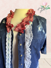 Load image into Gallery viewer, Bleached Denim Vintage Ribbon &amp; Ruffles Flag Upcycled Shirt 4th of July - Fits to Plus
