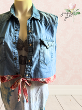 Load image into Gallery viewer, Harley Davidson Shop Towel Upcycle Denim Vest Vintage - size small
