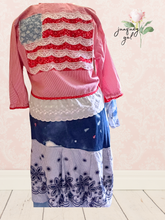 Load image into Gallery viewer, Denim Skirt Boho Chic Gypsy Vintage Tablecloth July 4th Upcycle
