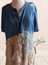 Load image into Gallery viewer, Denim Duster &amp; Vintage Lace Ralph Lauren Striped Floral Americana Flag Sheet - Oversized Medium
