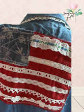 Load image into Gallery viewer, Denim Duster Flowy Flag Ribbons &amp; Lace Patriotic 4th of July - Size Medium
