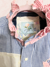 Load image into Gallery viewer, Preppy Pinstripe Upcycled Blouse Menswear Shirt Vintage Tablecloth Lace &amp; Needlepoint
