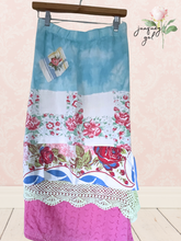 Load image into Gallery viewer, upcycled hand dyed linen skirt with bright vintage textiles asymmetric hemline fits to 1X
