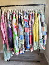 Load image into Gallery viewer, Royal Blue Bow Crazy Quilt Feed Garden Seed Sack Barn Coat Jacket - Fits up to Large
