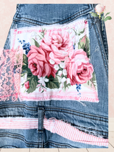Load image into Gallery viewer, Denim Overall Dress Asymmetric Hemline long sweeping lace
