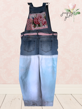 Load image into Gallery viewer, Denim Overall Dress Asymmetric Hemline long sweeping lace

