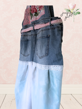 Load image into Gallery viewer, Denim Overall Dress Asymmetric Hemline long sweeping lace
