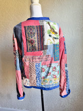 Load image into Gallery viewer, Royal Blue Bow Crazy Quilt Feed Garden Seed Sack Barn Coat Jacket - Fits up to Large
