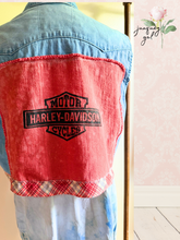 Load image into Gallery viewer, Harley Davidson Shop Towel Upcycle Denim Vest Vintage - size small
