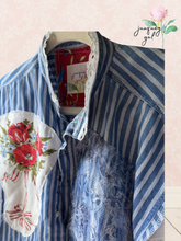 Load image into Gallery viewer, Vintage Tablecloth Poppy Bouquet &amp; Ribbon Oversized Bleached Denim Vest Upcycled 4th of July - Fits to Plus
