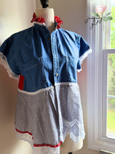Load image into Gallery viewer, McCoy Truck Stop Bandana Upcycle Denim Shirt 4th of July - Size Small
