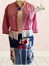 Load image into Gallery viewer, Denim Skirt Boho Chic Gypsy Vintage Tablecloth July 4th Upcycle
