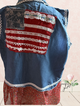 Load image into Gallery viewer, Denim Duster Flowy Flag Ribbons &amp; Lace Patriotic 4th of July - Size Medium
