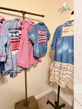 Load image into Gallery viewer, Denim Duster &amp; Vintage Lace Ralph Lauren Striped Floral Americana Flag Sheet - Oversized Medium

