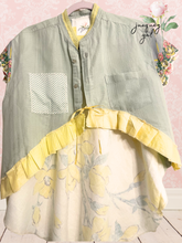 Load image into Gallery viewer, Lemon Yellow Floral Linen Shirt High Low Upcycled Menswear Blouse Shirt Oversized sleeveless

