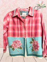 Load image into Gallery viewer, Bright Pink Cotton Plaid Metallic Thead Upcycled Aqua MCM Vintage Tablecloth Shirt
