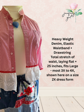 Load image into Gallery viewer, Denim Skirt Boho Chic Gypsy Vintage Tablecloth July 4th Upcycle
