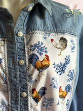 Load image into Gallery viewer, Vintage Roosters Chambray Upcycle Shirt - Size XL
