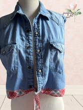 Load image into Gallery viewer, Harley Davidson Shop Towel Upcycle Denim Vest Vintage - size small
