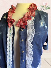 Load image into Gallery viewer, Bleached Denim Vintage Ribbon &amp; Ruffles Flag Upcycled Shirt 4th of July - Fits to Plus
