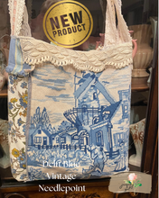 Load image into Gallery viewer, Delft Blue Holland Vintage Needlepoint Tote Flea Market Book Bag

