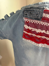 Load image into Gallery viewer, Lightweight denim cutout sleeve American Flag Crochet roses fits To XL
