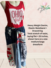 Load image into Gallery viewer, Denim Skirt Boho Chic Gypsy Vintage Tablecloth July 4th Upcycle
